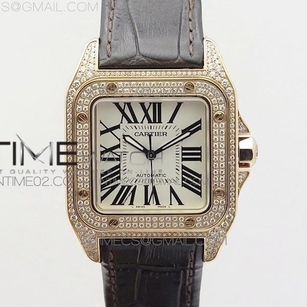 V6공장 까르띠에 산토스 레이디 33mm 로즈골드 풀다이아몬드케이스 가죽스트랩 SANTOS LADIES 33MM RG FULL PAVED DIAMONDS CASE WHITE DIAL ON BROWN LEATHER STRAP SEIKO NH05A