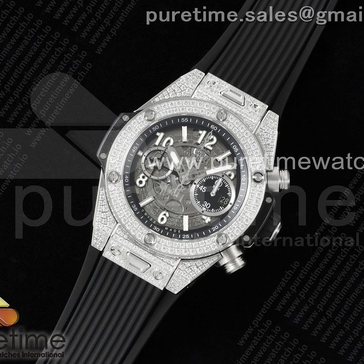 ZF공장 위블로 빅뱅 유니코 스틸 풀다이아몬드파베 스켈레톤다이얼 러버스트랩 Hublot Big Bang Unico Titanium Full Diamonds ZF 1:1 Best Edition Skeleton Dial on Black Rubber Strap A1280