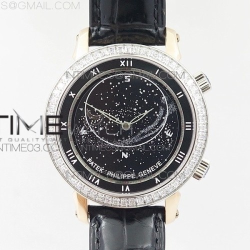 TW공장 파텍필립 6104P 문 로즈골드금장 블랙다이얼 다이아몬드베젤 가죽스트랩 6104P MOON RG BLACK DIAL DIAMOND BEZEL ON BLACK LEATHER STRAP A240 V2