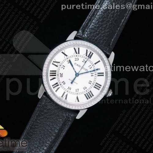 TW공장 까르띠에 롱드솔로 36MM 스틸 화이트다이얼 가죽스트랩 Ronde Solo De Cartier 36mm SS White Dial Diamonds Bezel on Black Leather Strap ETA2671