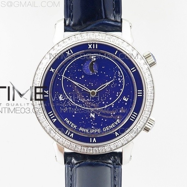 TW공장 파텍필립 6104P 문 스틸 블루다이얼 다이아몬드베젤 블루가죽스트랩 6104P MOON SS BLUE DIAL DIAMOND BEZEL ON BLUE LEATHER STRAP A240 V2